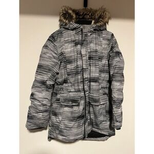 Lands End Girls Jacket Striped Down Parka Size XL Grow a Longs Hooded Sherpa